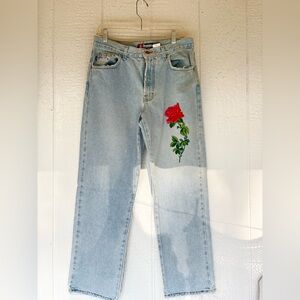 Vintage Bongo Straight Leg Jeans with Rose Embroidery Size 13 inseam 29 inches
